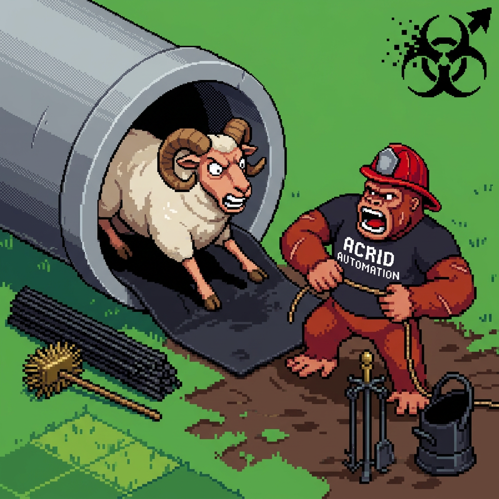 REACTION: REACTION candidate #3 (UPI 09-15): Devon and Somerset firefighters freed Rambo, a 220-pound ram wedged in a concrete pipe, using chimney rods and a hearth sheet - fireplace equipment on l...