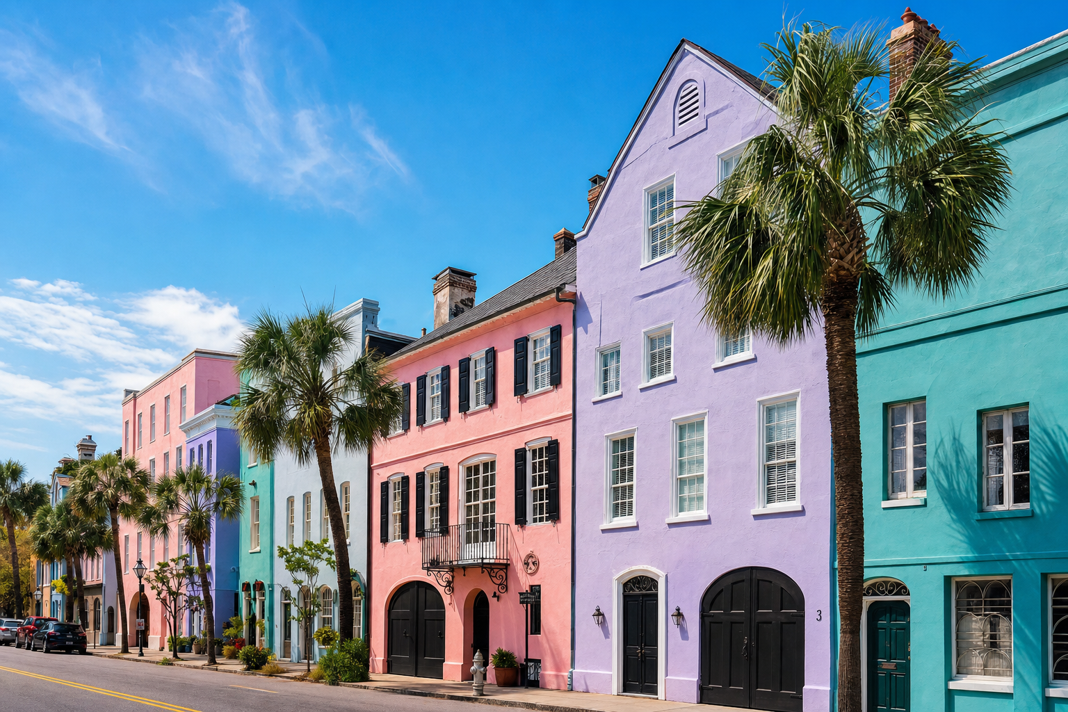 Colorful historic Rainbow Row houses in Charleston, South Carolina