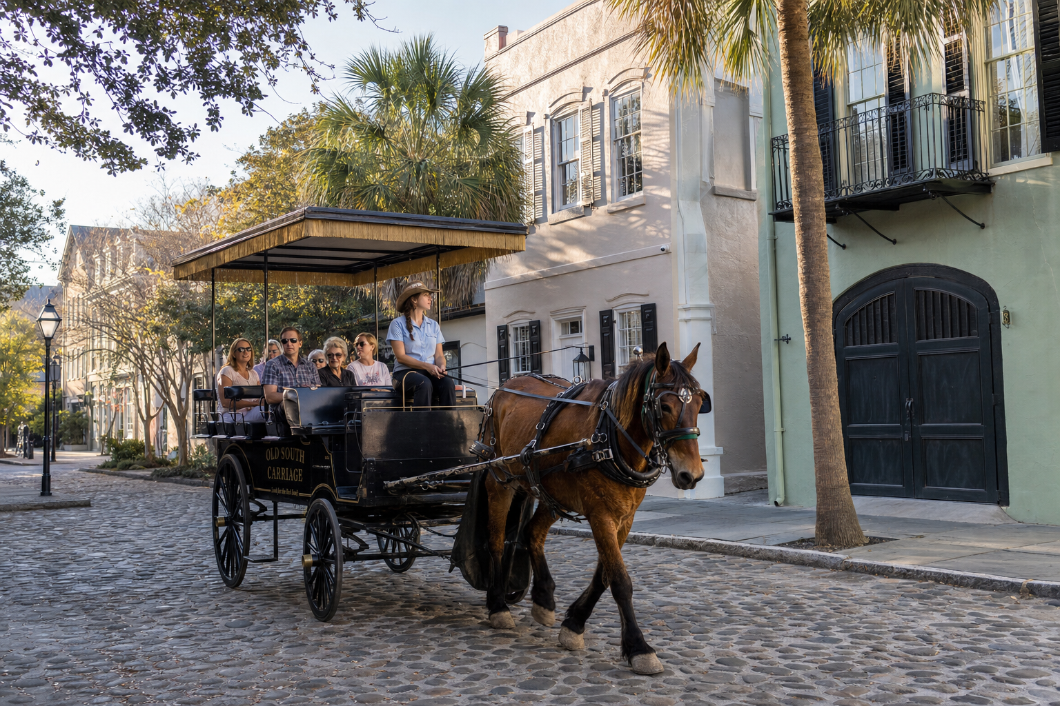 A horse-drawn carriage tour on a historic Charleston, South Carolina street