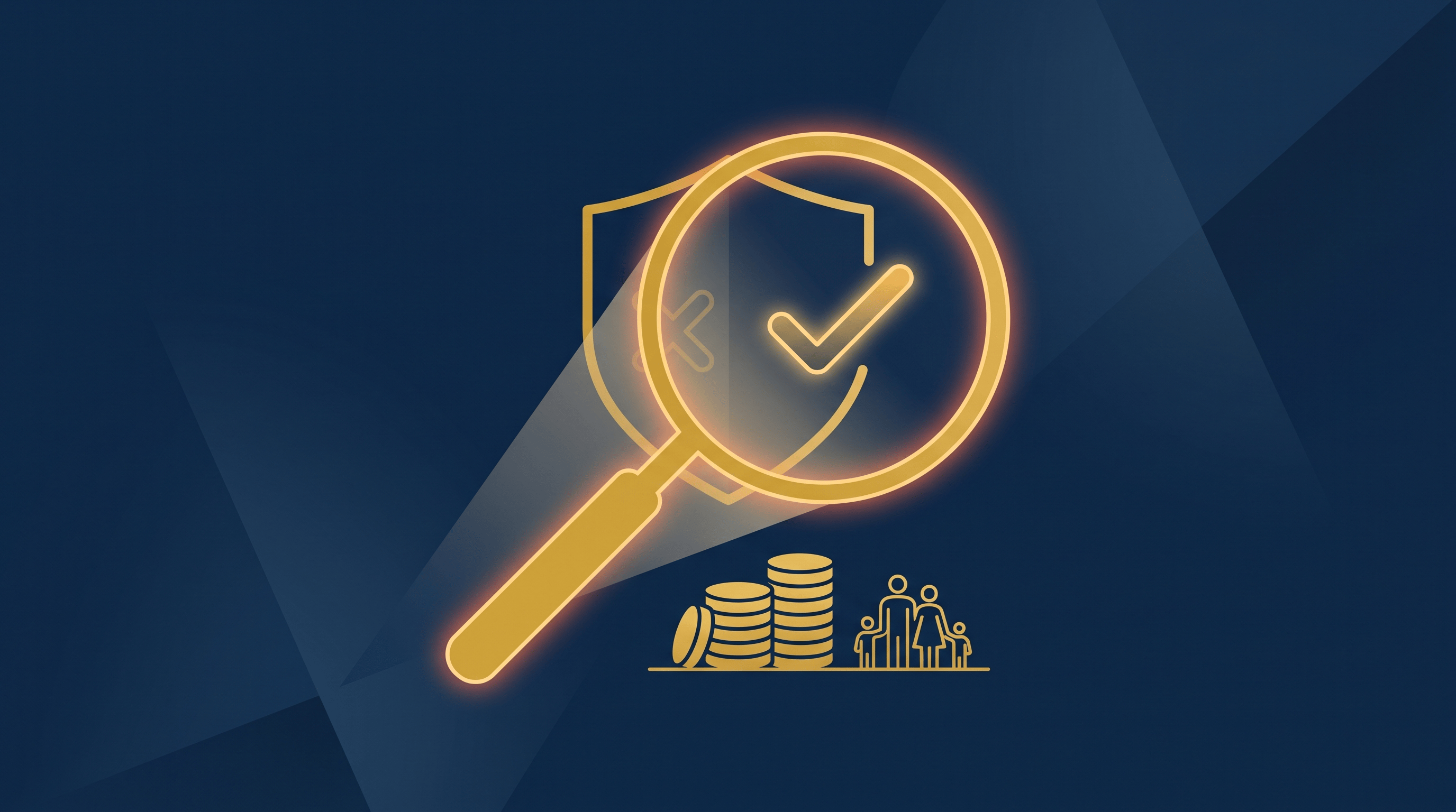 Gold magnifying glass examining a gold shield on a navy background, representing an honest look at whether IUL is a scam