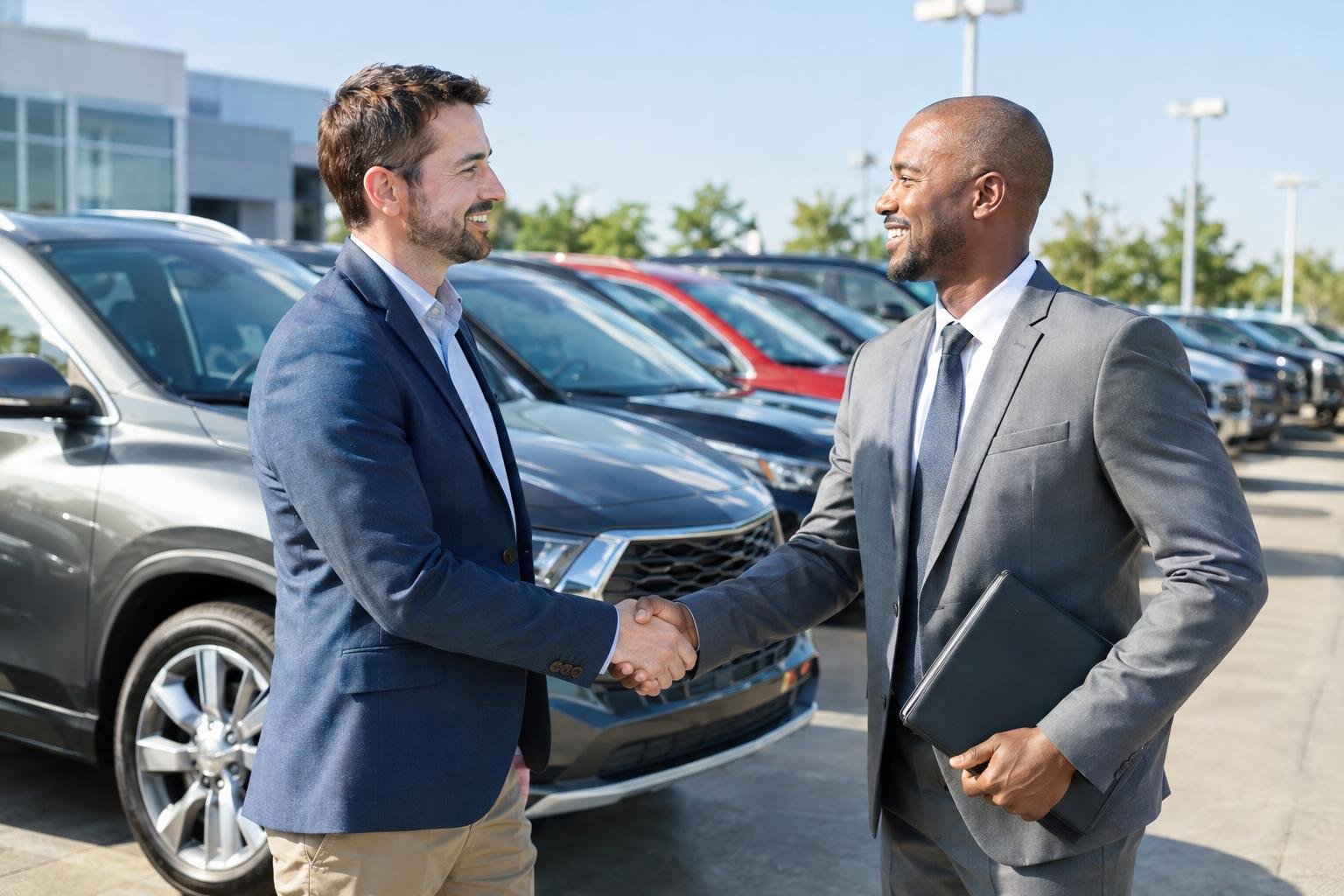 Car dealer and insurance agent shaking hands on a dealership lot
