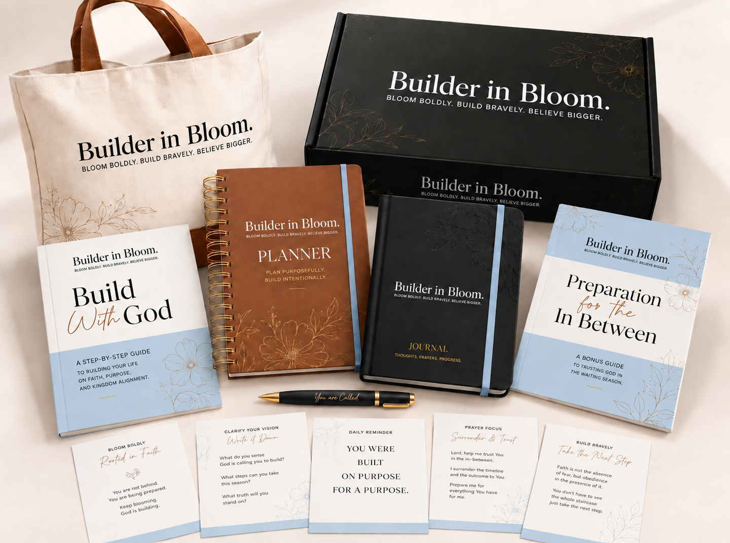 Builder in Bloom box contents — journals, planner, cards and more
