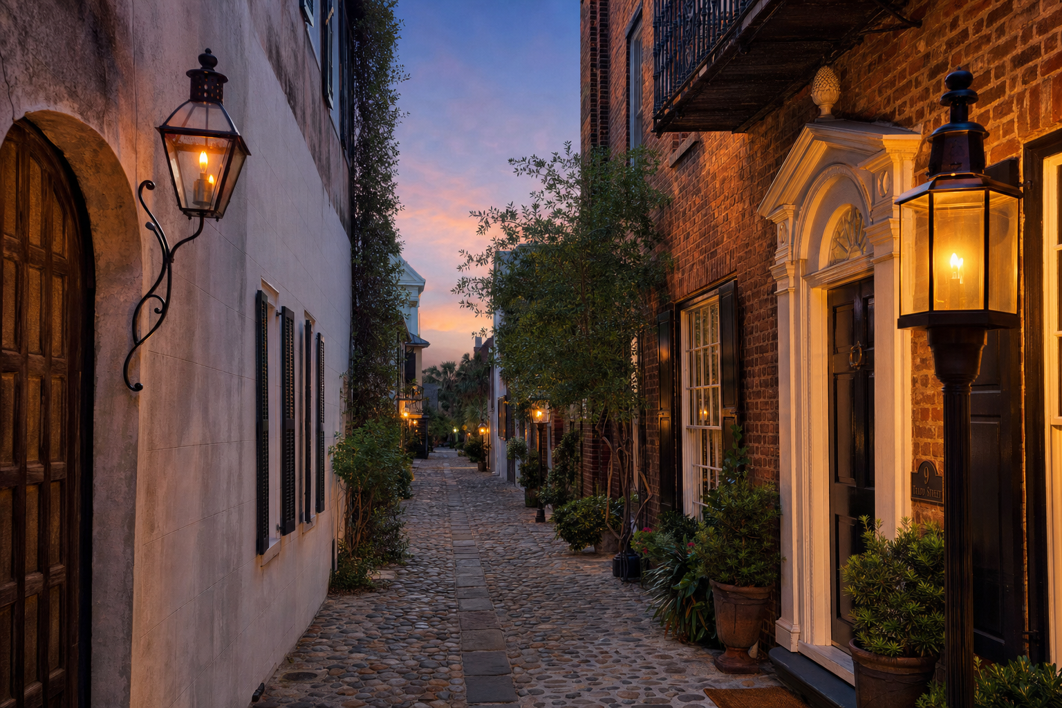A gaslit cobblestone alley in historic Charleston, South Carolina at dusk