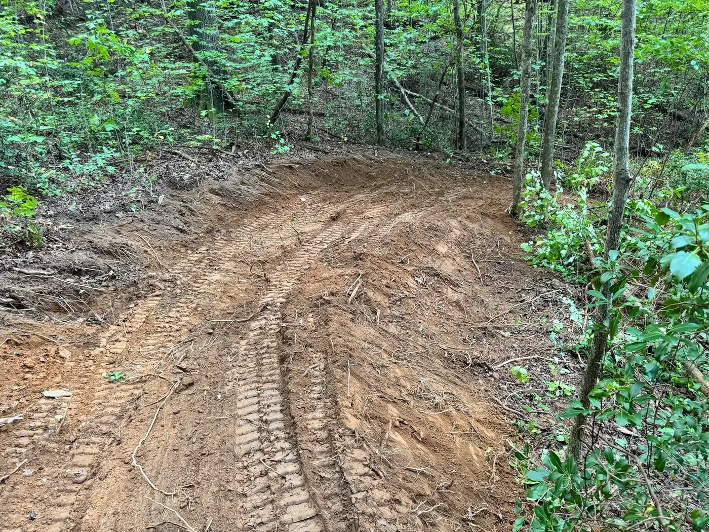 Newly cut ATV trail curving along a steep wooded hillside