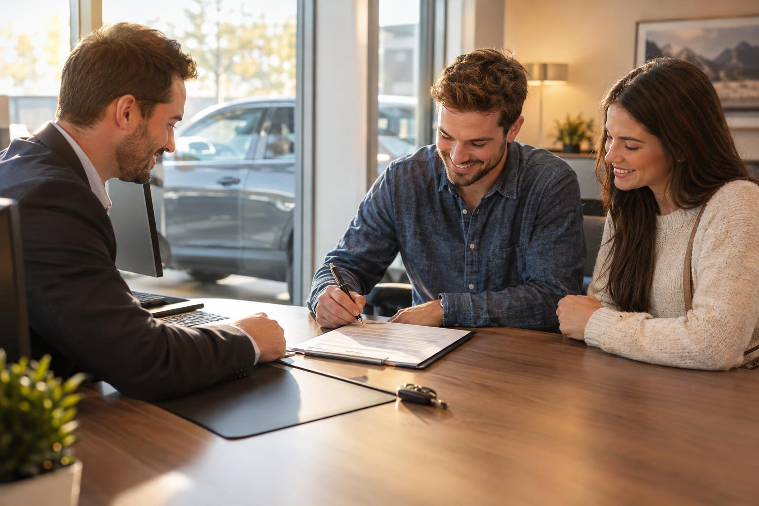 Couple signing paperwork in a dealership finance office