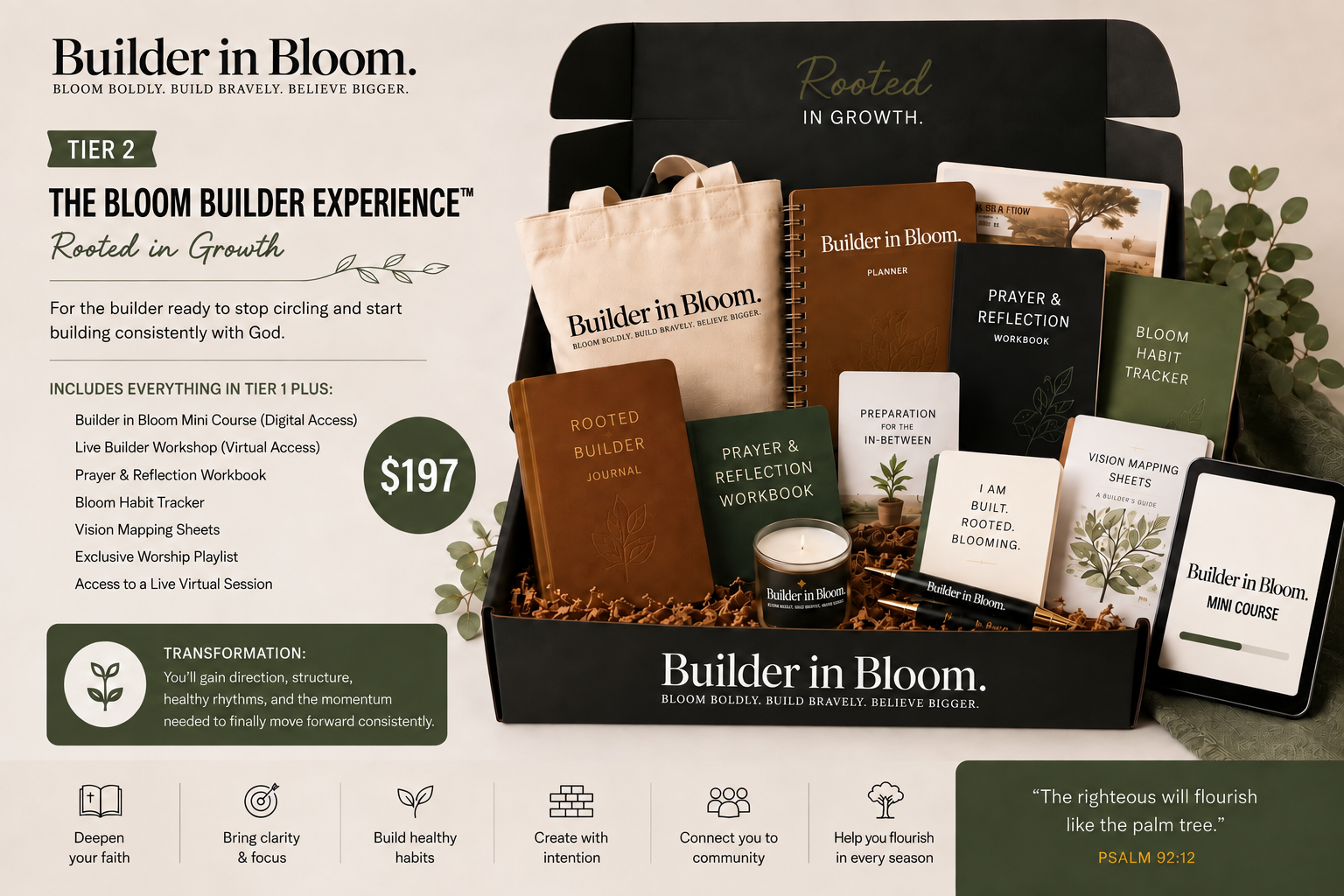 Bloom Builder Experience — box contents including mini course, workbook, habit tracker