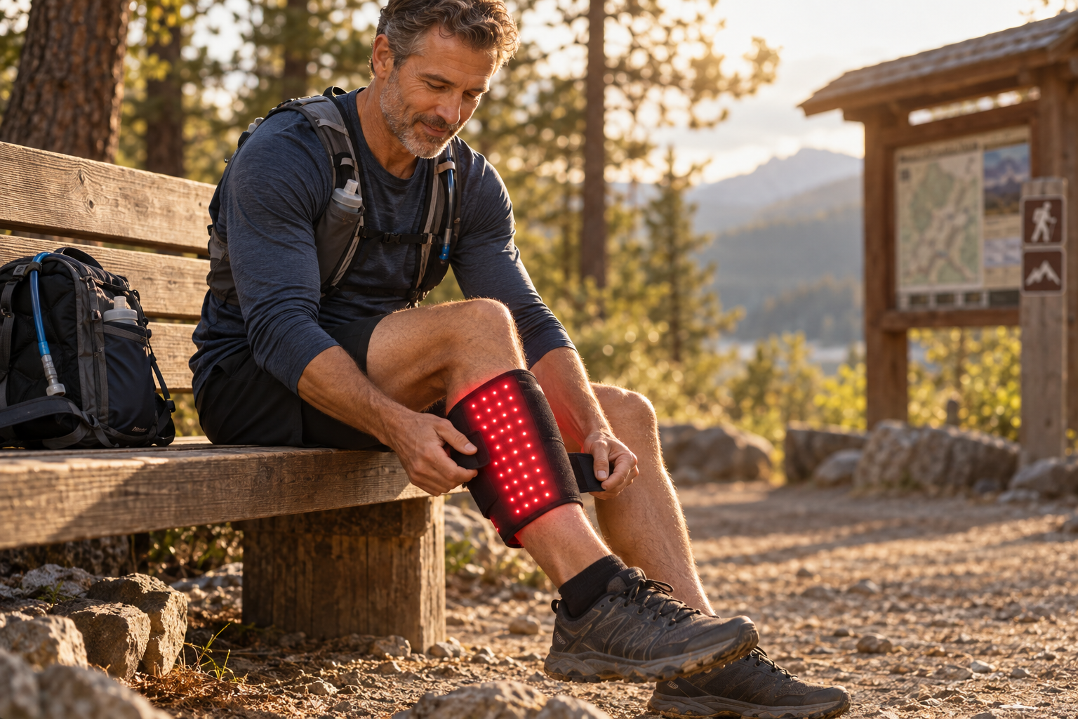 Trail runner using a red light therapy pad on his calf at a trailhead