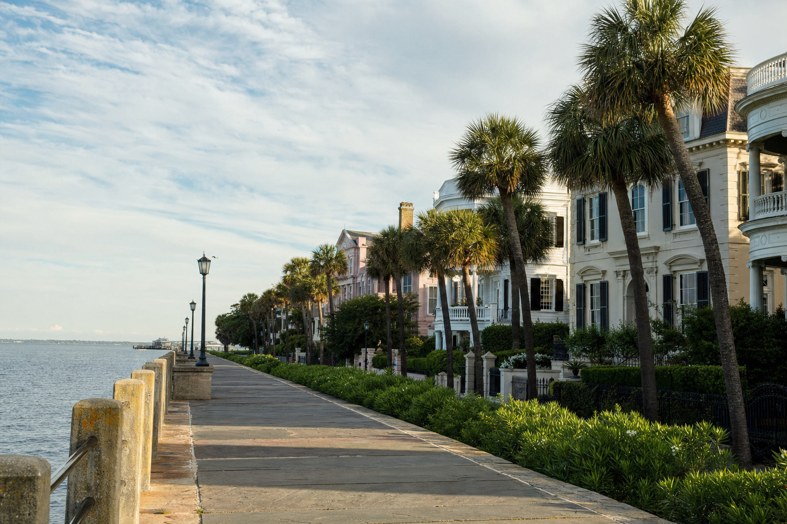 Battery Park waterfront in Charleston, South Carolina with palmetto trees