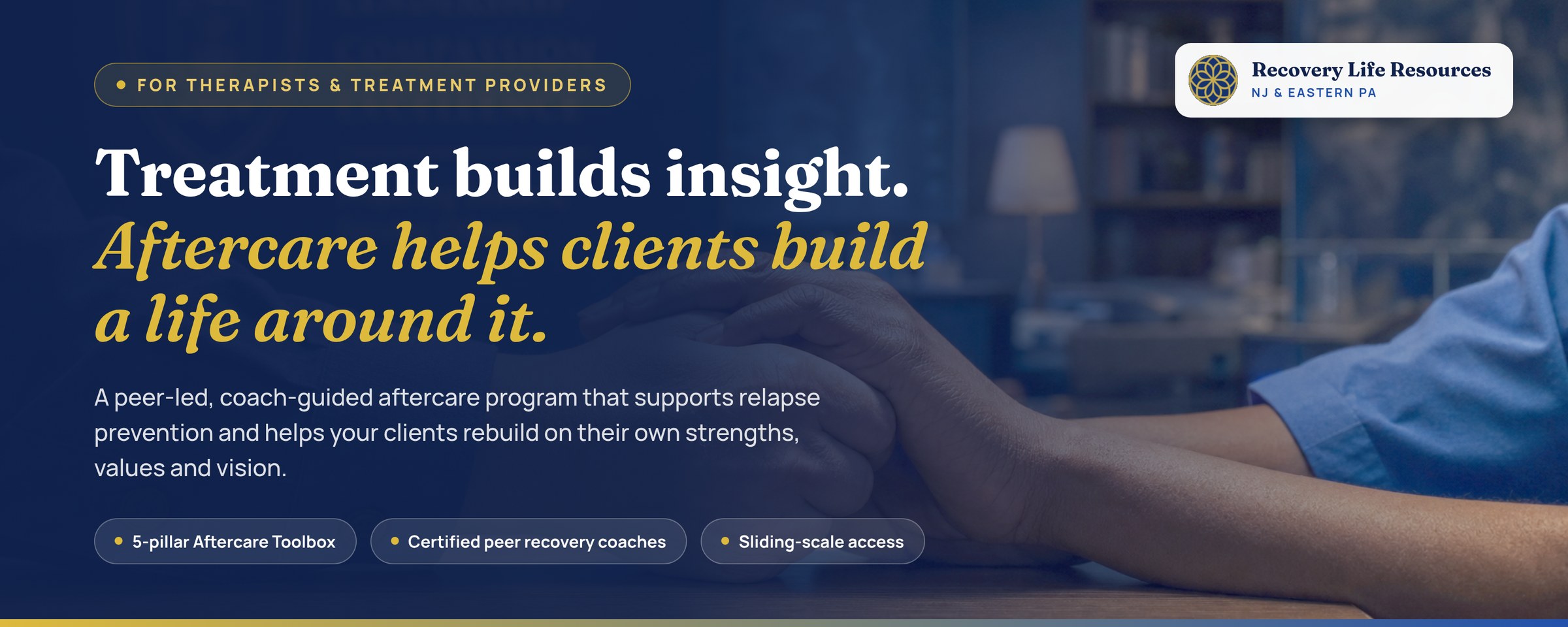 For therapists and treatment providers. Treatment builds insight. Aftercare helps clients build a life around it. A peer-led, coach-guided aftercare program that supports relapse prevention and helps your clients rebuild on their own strengths, values and vision.
