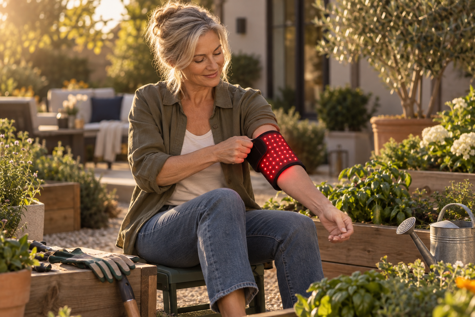 Gardener using a red light therapy pad on her forearm and elbow