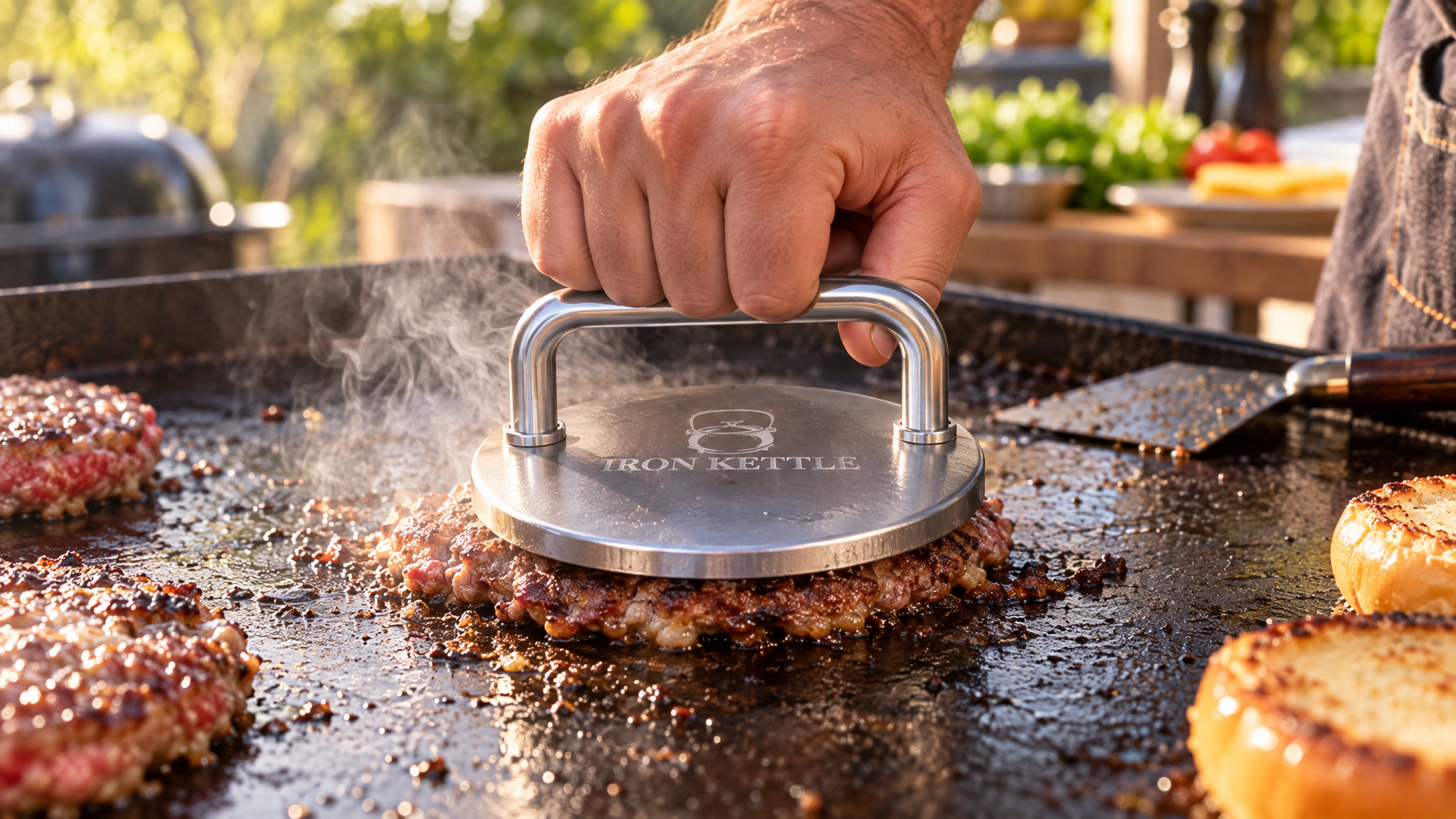 Iron Kettle burger press in use, searing a smash burger