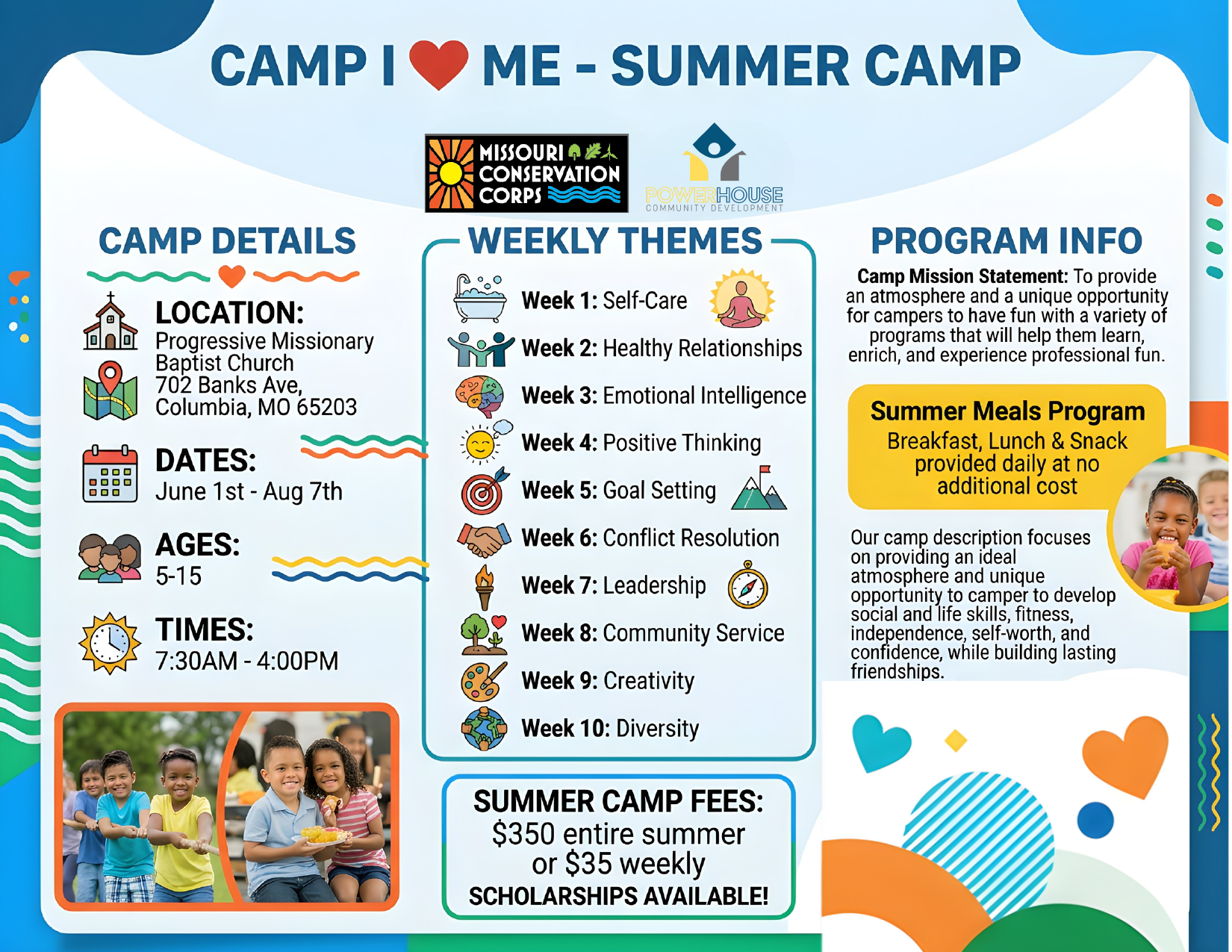 2026 Summer Camp Columbia Flyer — Field trips to water parks, educational institutions, fun & game locations, ages 5-15, June 1 to August 7