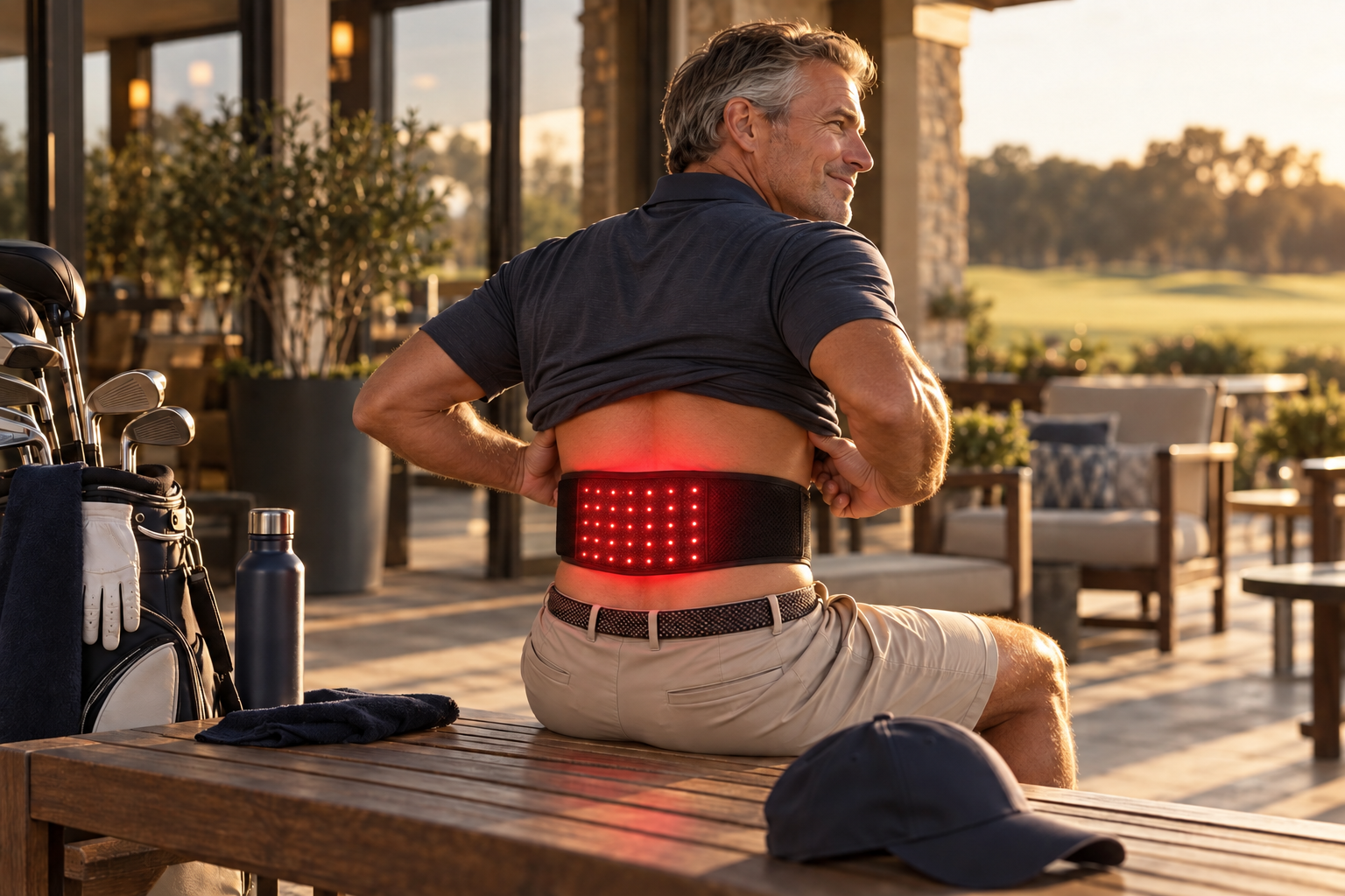 Golfer using a red light therapy pad directly on his lower back after a round