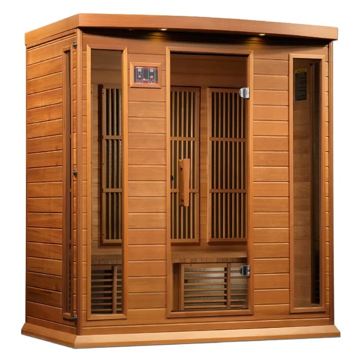 Infrared sauna with wooden benches and warm red lighting