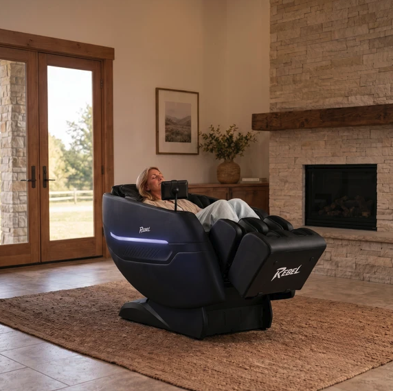 Black massage chair in a warm living room