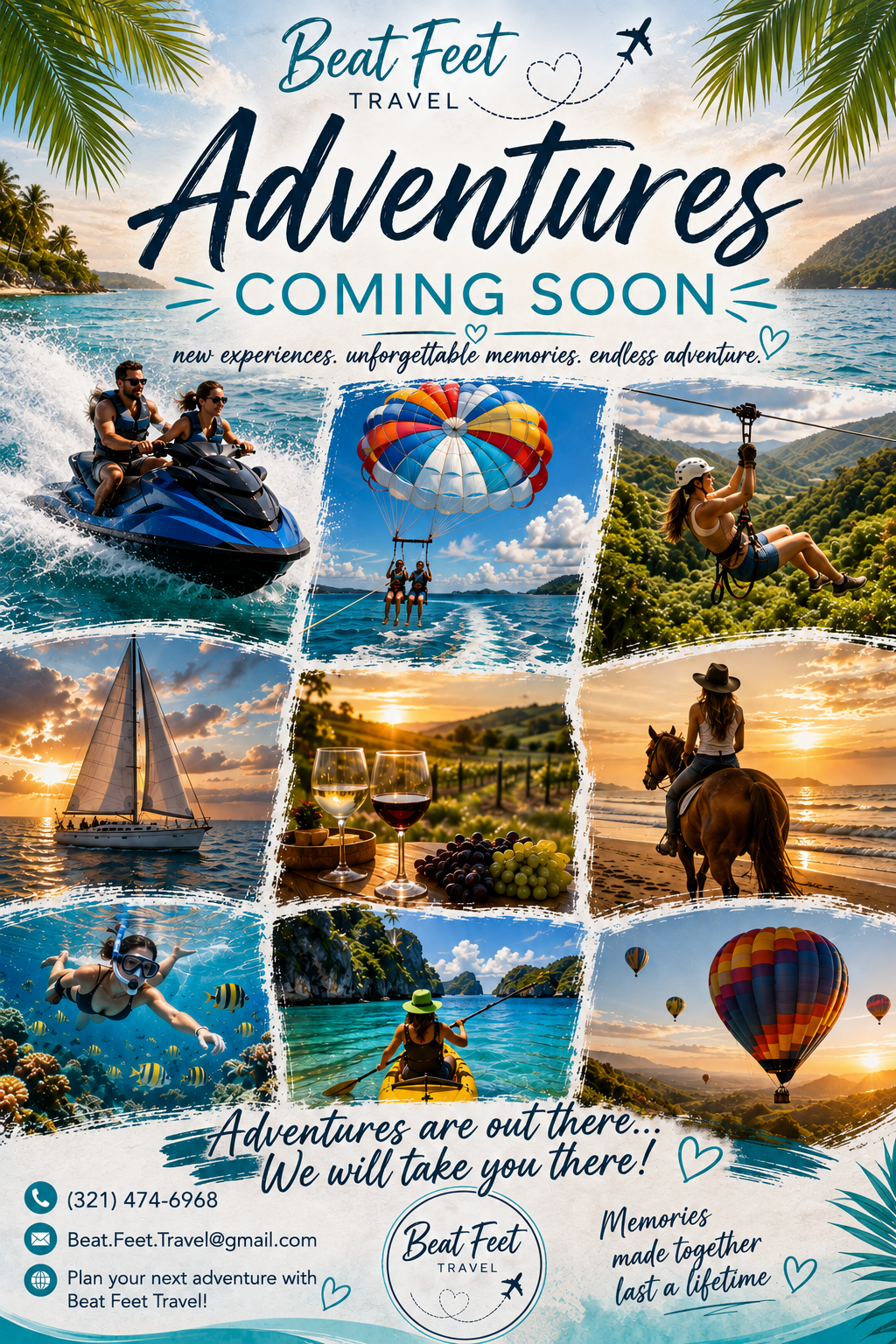 Beat Feet Travel — Adventures Coming Soon. New experiences, unforgettable memories, endless adventure: jet skiing, parasailing, ziplining, sailing, wine tasting, horseback riding, snorkeling, kayaking, and hot air ballooning. Call (321) 474-6968 or email Beat.Feet.Travel@gmail.com.