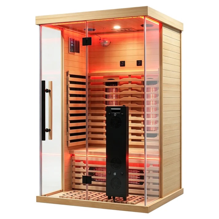Compact infrared sauna with red light glow